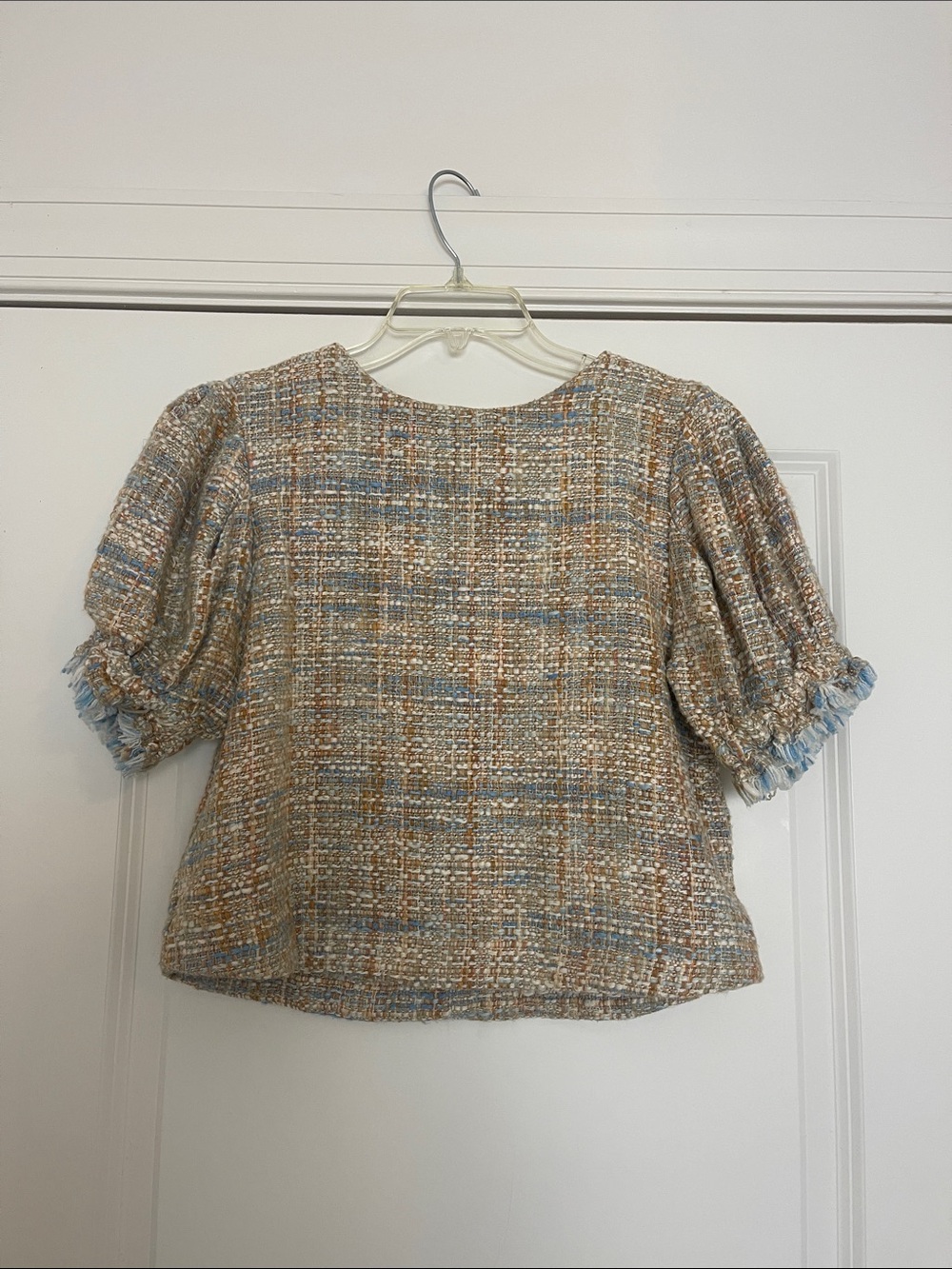 BURU Puff Sleeve Tweed Top Blouse Boxy XS